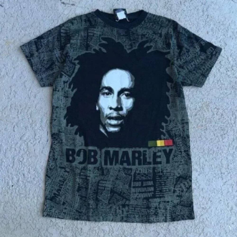 Vintage Y2K Zion Rootswear Bob Marley All Over Print Black Tee. Sz S